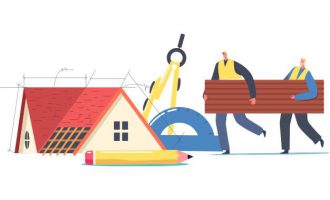 Illustration of contractors installing roofs together